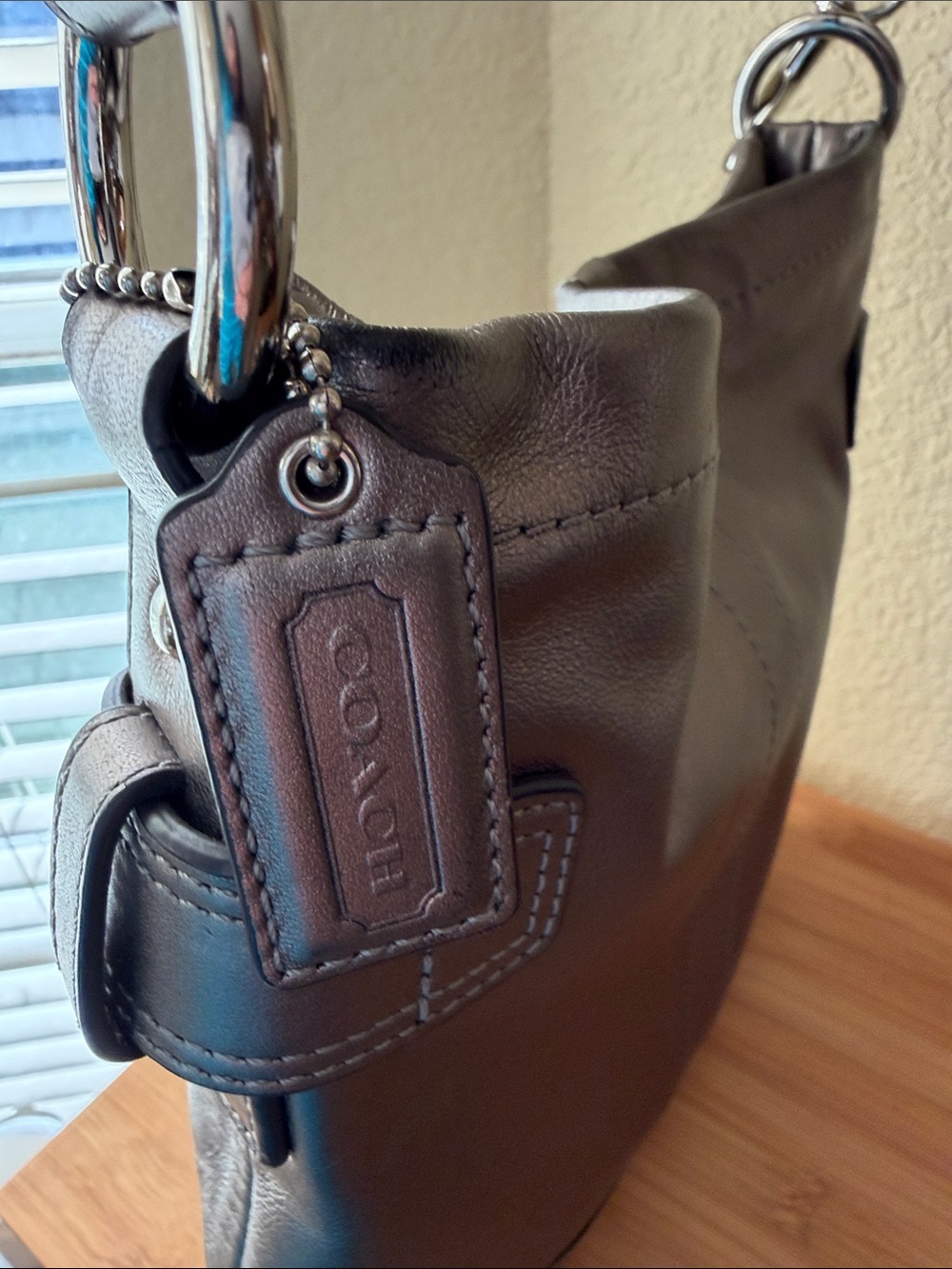 Coach Metallic Pewter Leather crossbody Bag with Chain Accent - Picture 2 of 8